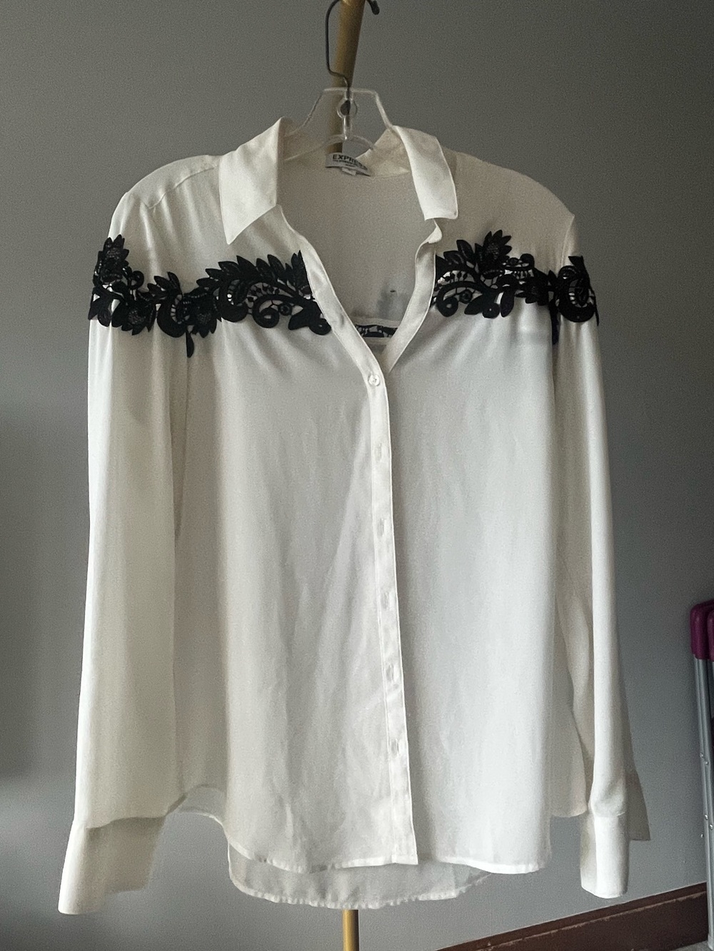 Express White Button-Down Blouse with Black Floral Lace Appliqué
